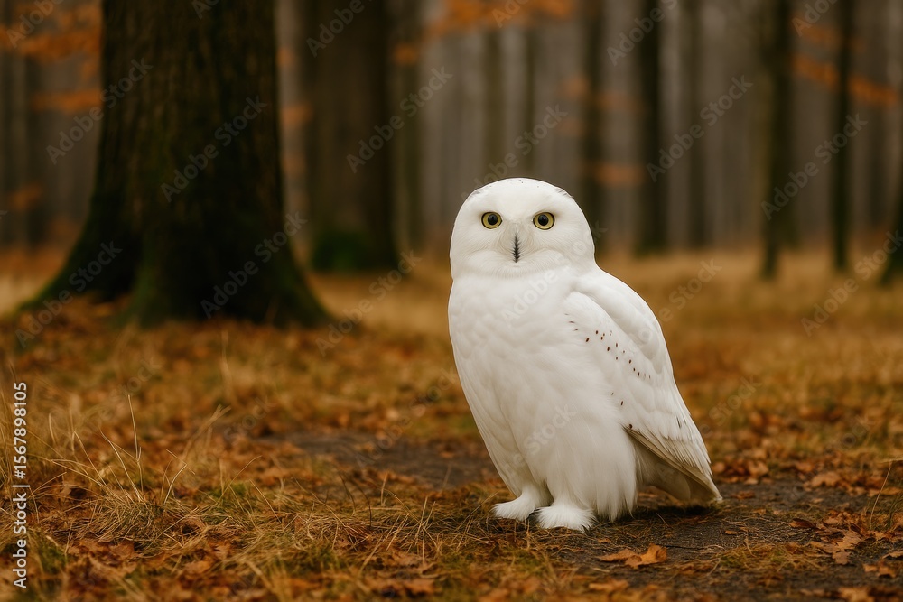 Ground-level view of a white owl resting Ground-level view of a white owl resting