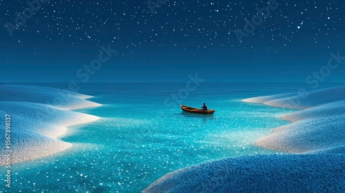 Serene night scene with a boat on shimmering water.