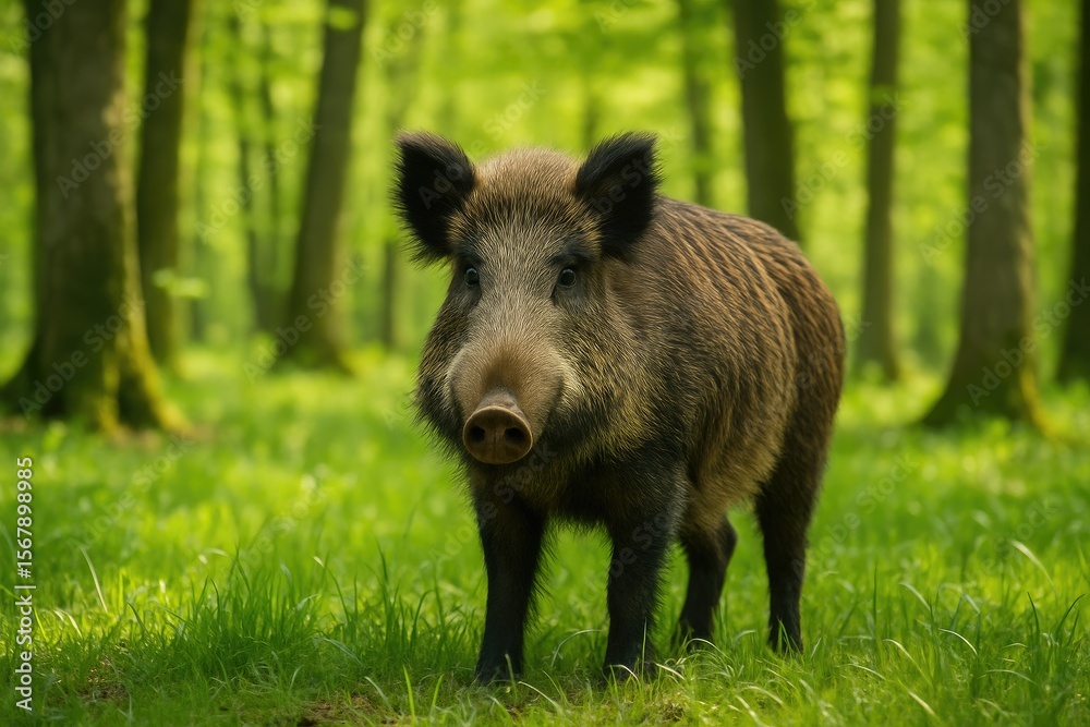 Springtime wild boar roaming through the woods Springtime wild boar roaming through the woods