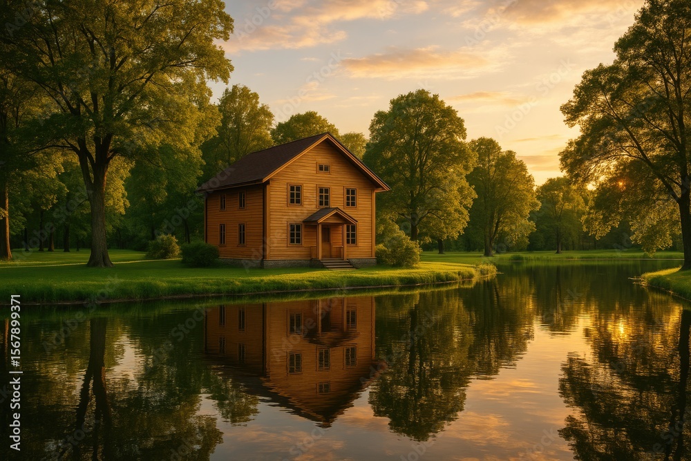 Obraz premium Lakeside wooden cabin during sunset in a lush park