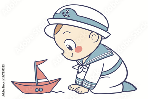 Vector cute Baby Boy cartoon character, with a gentle smile and sparkling eyes, wearing a little sailor suit and sitting by a tiny boat, in a nautical, adorable style, isolated on white background