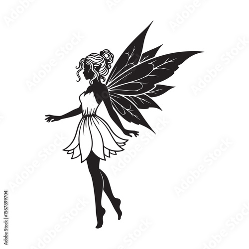 Black and White Silhouette of a Fairy with Large Wings and Flower Dress Standing Gracefully on White Background Elegant Dark Fantasy Illustration of a Mythical Creature with