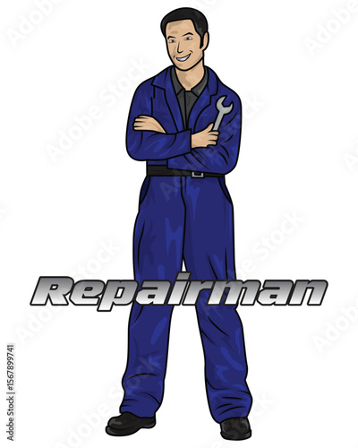 Maintenance worker in blue suit vector illustration