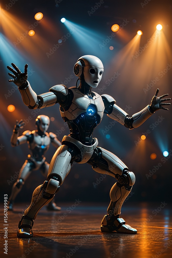 Fototapeta premium AI-Powered Robot Automation Concepts. Robots performing on stage with vibrant lighting effects.