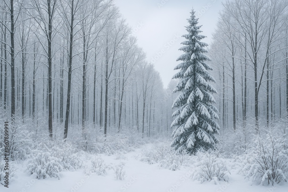 Fototapeta premium Winter season amidst a forest of bare trees and shrubs