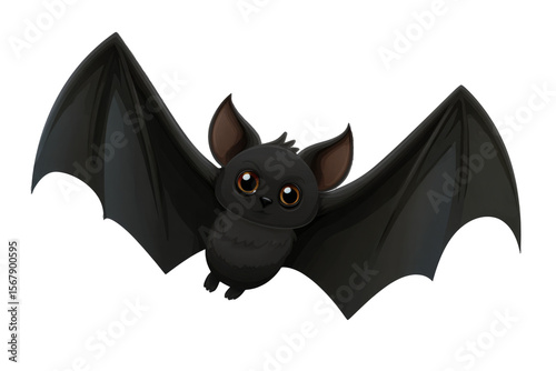 Flying black bat with wide wings isolated on white