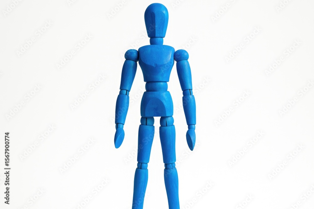 Wooden mannequin model showcasing body art on a plain white backdrop - Blue Wooden mannequin model showcasing body art on a plain white backdrop - Blue