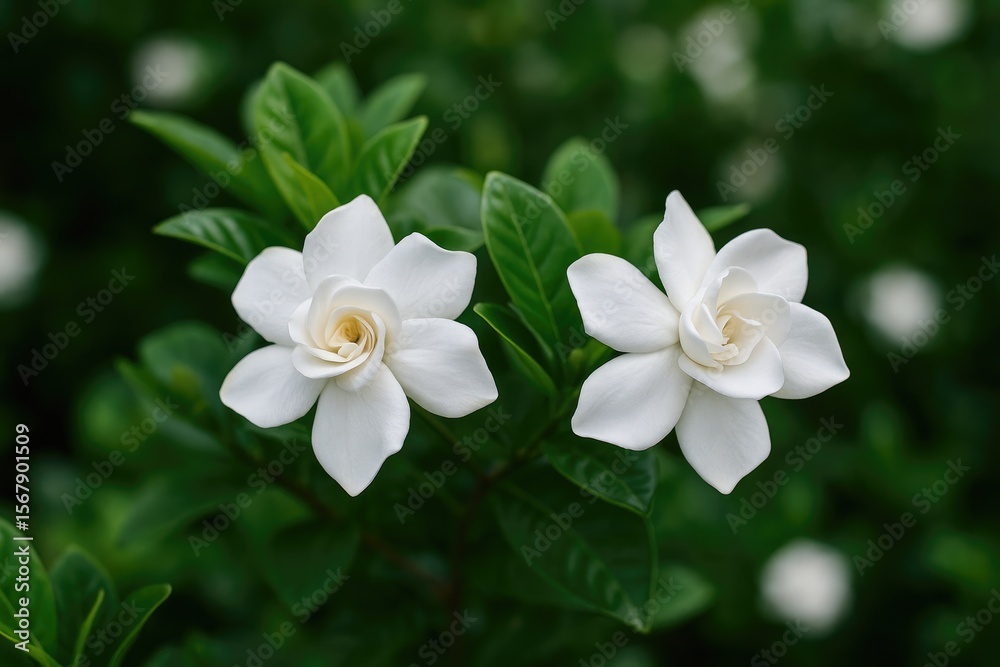 Obraz premium White blossoms of Cape Jasmine blooming in a garden setting