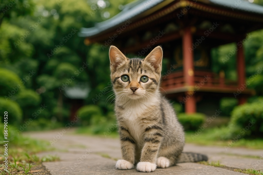 Fototapeta premium Feline exploring the sacred garden