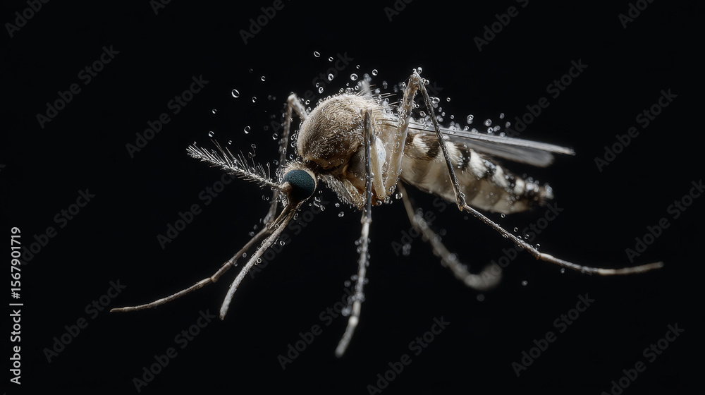 Naklejka premium Anti Malaria concept ,Mosquito close up with water droplets dark background showing detailed insect anatomy and delicate wings