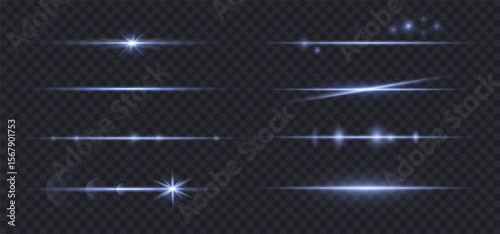 Light flare lens effect horizontal, blue light beam, glow line rays isolated on dark bg. Sparkle laser beam set, vector illustration. Christmas light effect with bokeh and stars.
