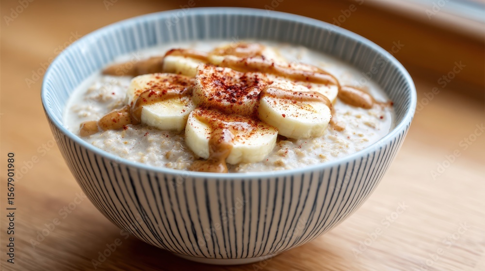 Plant-Based Breakfast Bowl Close-Up concept. Warm oatmeal topped with banana and drizzled with syrup. Plant-Based Breakfast Bowl Close-Up concept. Warm oatmeal topped with banana and drizzled with syrup.