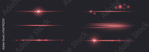 Light flare lens effect horizontal, red light beam, glow line rays isolated on dark bg. Sparkle laser beam set, vector illustration. Christmas light effect with bokeh and stars.