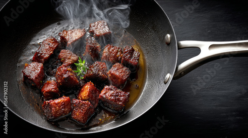 Overcooked meat cubes in blackened oil with steam rising in metal frying pan on dark surface, showing rich texture and aroma