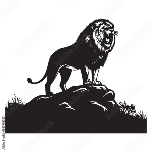Black and White Silhouette of a Roaring Male Lion Standing on a Rock Outcropping in a Savanna Setting with Minimalist Grass and Bush Detail