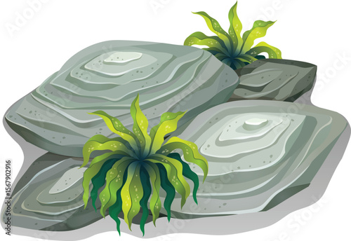 A high quality image of a rock with green grasses on it