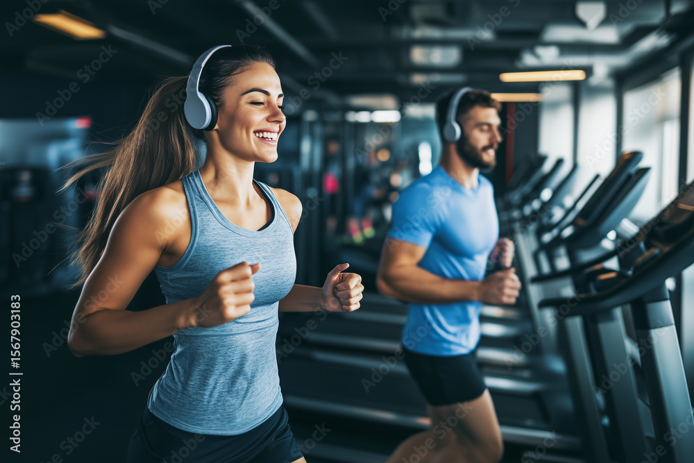 Fototapeta premium Fit couple jogging on treadmills at gym