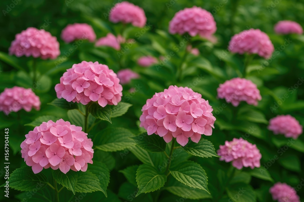 Fototapeta premium Stunning pink hydrangeas flourishing in the backyard
