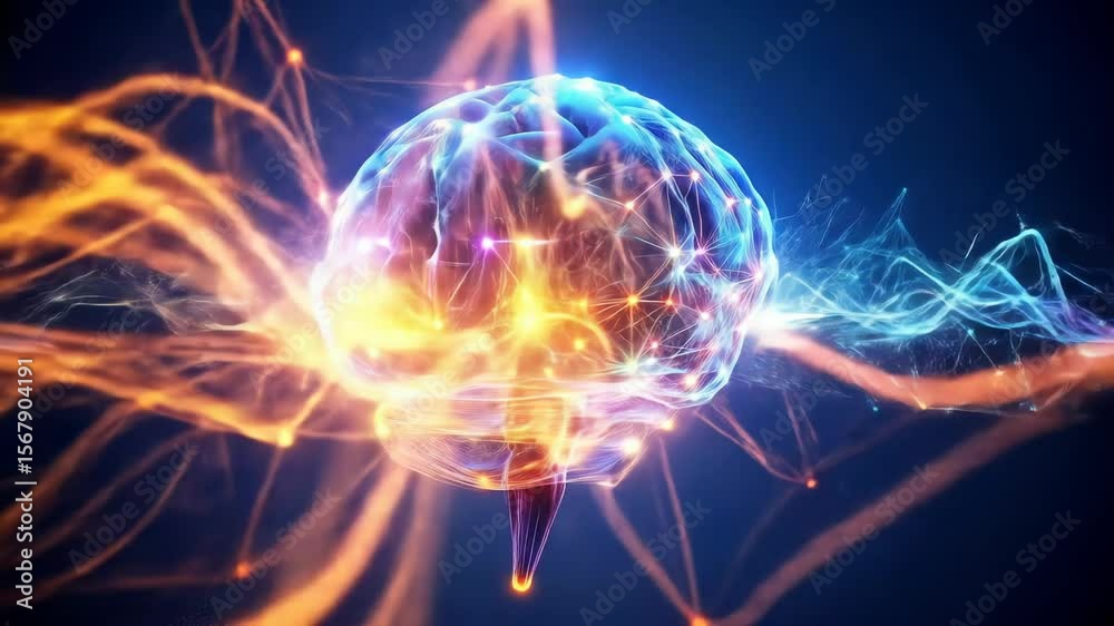 Universal mind illuminates with bright flowing energy symbolizing deep intelligence and abstract thought