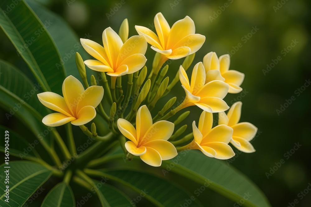 Naklejka premium The Charm of Vibrant Yellow Frangipani Blooms