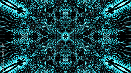 Kaleidoscopic Abstraction of Cyan Light Radiating From a Central Point Creating an Intriguing Pattern of Light and Darkness and Abstract Geometric Shapes