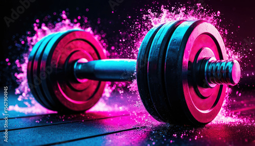 A heavy dumbbell lies on the gym floor, surrounded by colorful powder, dramatic neon pink and blue lighting.