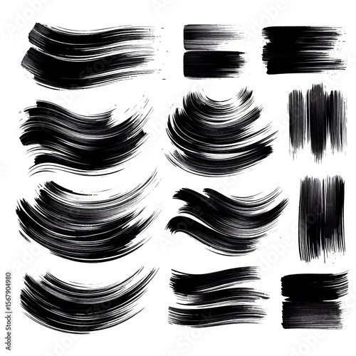 Black splatter paint brush stroke set.