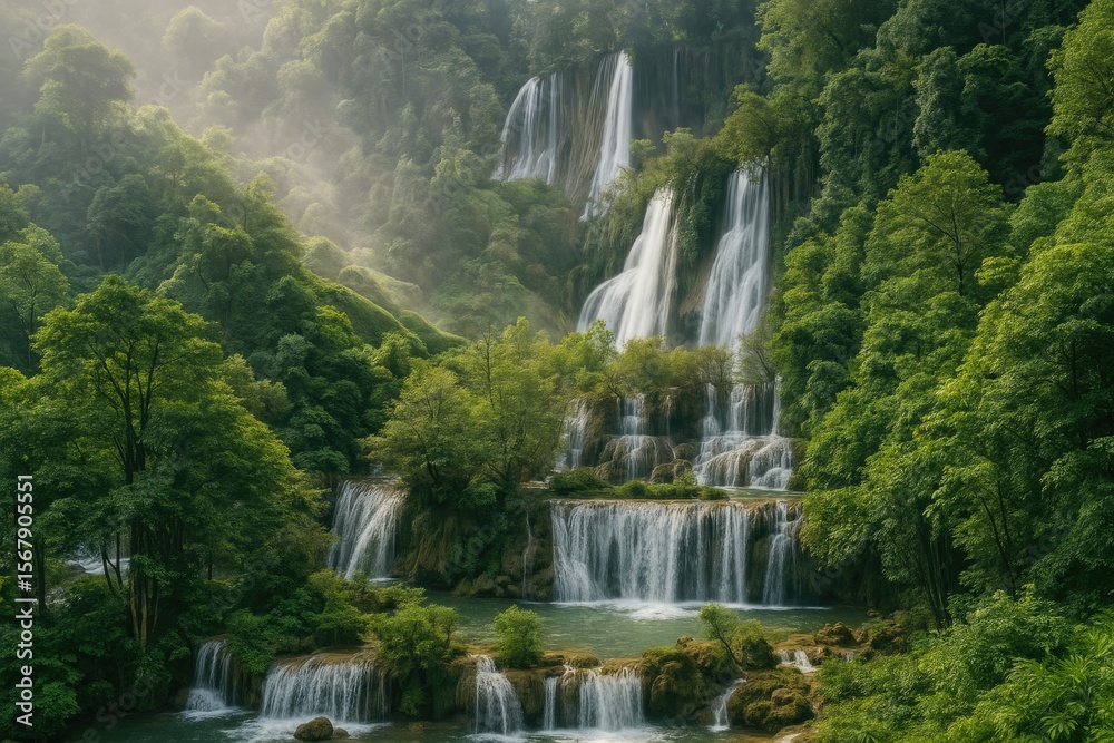 Fototapeta premium The most stunning waterfall in Southeast Asia after rain, surrounded by lush green forests