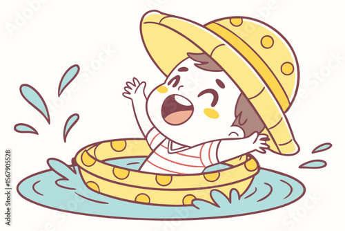 Vector cute Baby Boy cartoon character, with a happy giggle and arms reaching out, wearing a yellow sun hat and splashing in a tiny pool, in a cheerful, summery style, isolated on white background