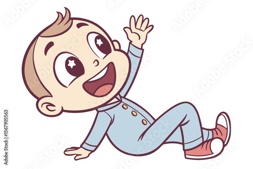 Vector cute Baby Boy cartoon character, with a happy wave and a bright smile, isolated on white background