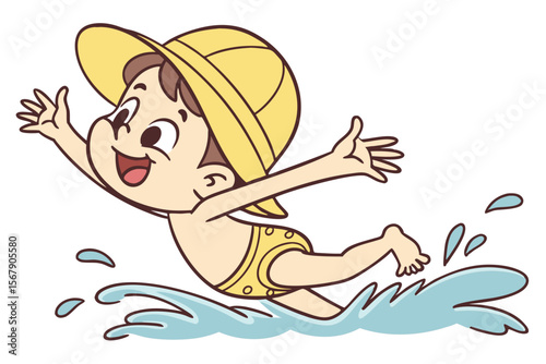 Vector cute Baby Boy cartoon character, with a happy giggle and arms reaching out, wearing a yellow sun hat and splashing in a tiny pool, in a cheerful, summery style, isolated on white background