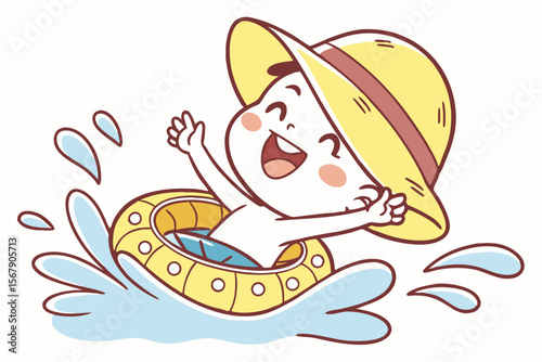 Vector cute Baby Boy cartoon character, with a happy giggle and arms reaching out, wearing a yellow sun hat and splashing in a tiny pool, in a cheerful, summery style, isolated on white background