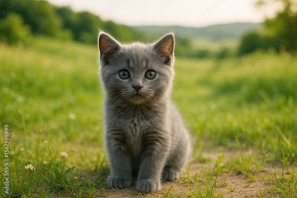 Gray kitten exploring rural surroundings, gazing at the lens Gray kitten exploring rural surroundings, gazing at the lens