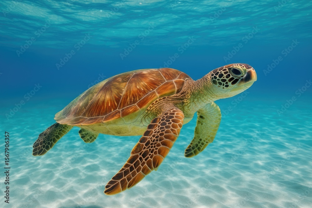 Fototapeta premium A vibrant green turtle gliding through the azure waters of a tropical island's clear sea