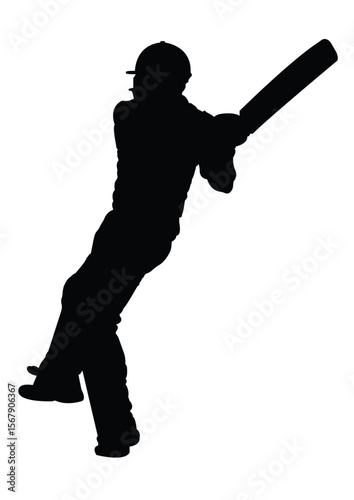 Here's a description of the silhouette of a person playing cricket, a bat-and-ball sport: