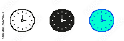Clock Pixelated Icon Set. Pixel Art Symbol of Time and Timekeeping. Time Measurement and Management. Isolated Vector Illustration