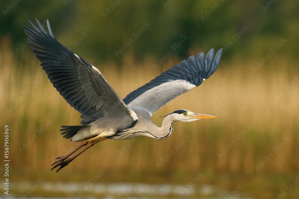 Fototapeta premium Wings Fully Extended: A Grey Heron Soaring Through the Sky