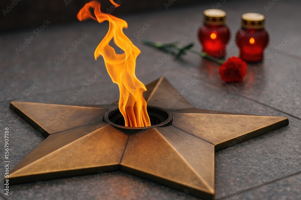 Naklejka premium Close-up of an eternal flame burning continuously, symbolizing remembrance of fallen heroes from the world war, with church lamps in the background.
