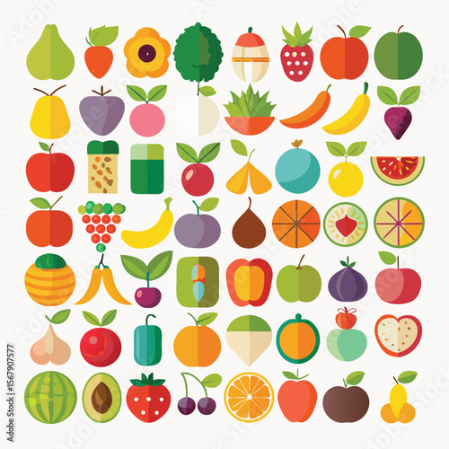 Vibrant Collection of Flat Icon Fruits and Vegetables