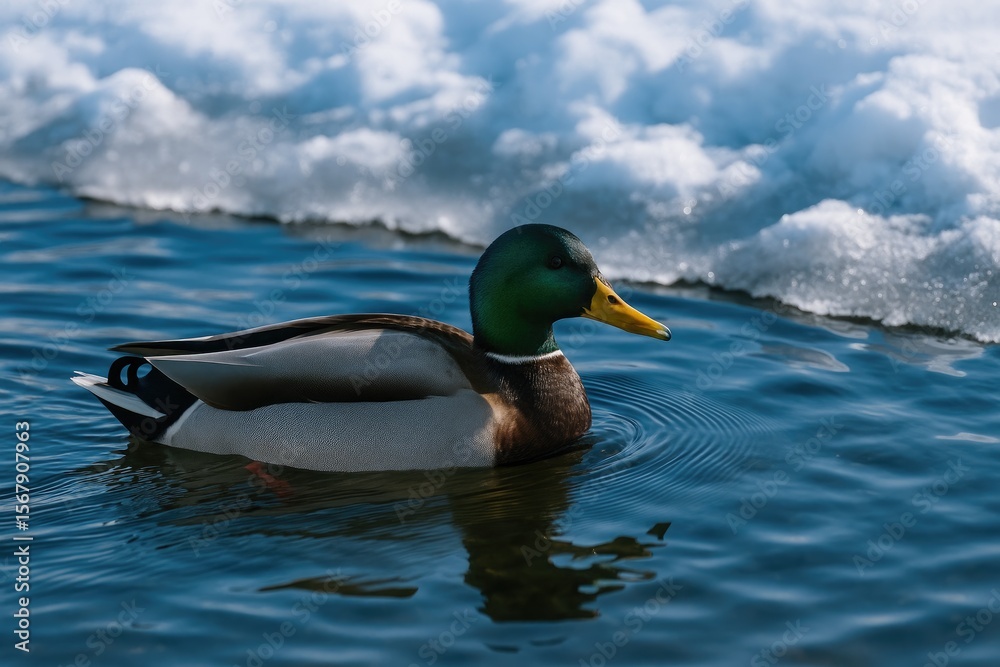 Obraz premium Bird gliding across a frozen pond in cold weather