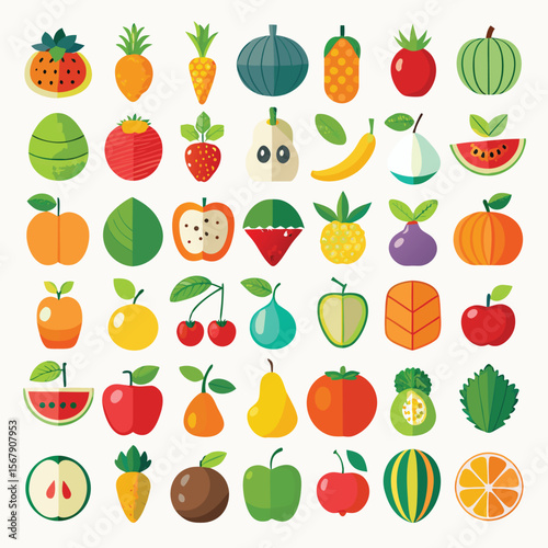 Vibrant Collection of Flat Fruit and Vegetable Icons