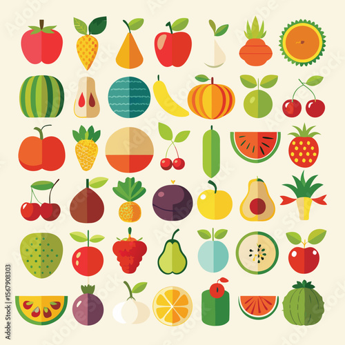 Vibrant Flat Icon Set of Fruits and Vegetables A Colorful Collection for Design Projects
