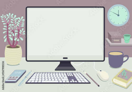 Minimalist home office desk setup with computer, coffee, plant, clock, and stationery in soft pastel colors and flat design. Vector illustration