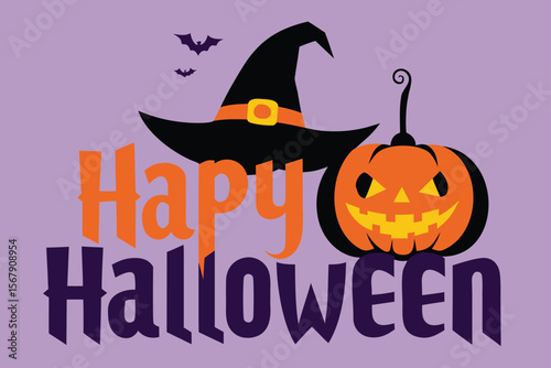 Halloween party text banner with ghost, pumpkin, bat and vector
