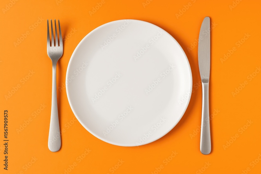 Empty dining plate with cutlery on a vibrant orange backdrop from a top-down perspective. Empty dining plate with cutlery on a vibrant orange backdrop from a top-down perspective.