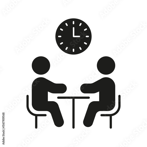 Two People Meeting With Clock Solid Icon. Business Meeting, Appointment Scheduling, And Time Management Silhouette Symbol. Professional Interaction. Isolated Vector Illustration