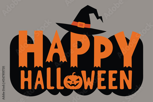 Halloween party text banner with ghost, pumpkin, bat and vector
