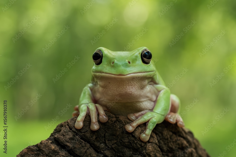 Naklejka premium Close-up of a plump frog in its natural environment showcasing vibrant green fauna