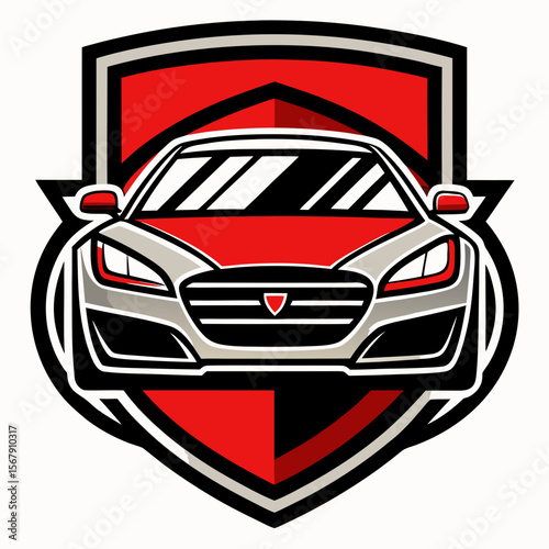 Powerful Luxury Car Emblem Design Red Shield and Sleek Sedan