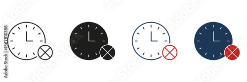 Clock With Cancel Symbol Line And Solid Icon Set. Time Management, Deadline Missed, And Schedule Cancellation Silhouette Symbol Collection. Isolated Vector Illustration